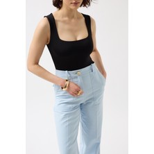 Black Fashion Kare Yaka Kalın Askılı Siyah Bodysuit