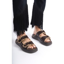 Sy Leather Sofıa Model Kahve Hakiki Deri Kalın Tabanlı Örgü Detaylı Tokalı Günlük Kadın Terlik