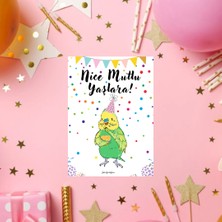 Yeşil Muhabbet Kuşu Çizimli Doğum Günü Tebrik Kartı 3 Adet