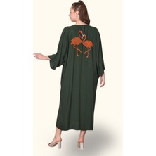 Keyifli Moda Kadın Haki V Yaka Önü ve Sırtı Flamingo Nakışlı Cepli Oversize Uzun Gömlek Elbise