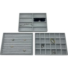 Yerli Üretim Süet Kumaş Gri Renk 34/24 cm 3 Lü Takım Çekmece Içi Takı Tablası