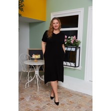 Asimetrik Kesim Sırt Kemer Detaylı Büyük Beden Elbise Siyah