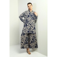 Kadın Yanları Yırtmaçlı Tunik Gömlek Beli Lastikli Cepli Palazzo Pantolon Karışık Desenli Oversize 2'li Takım