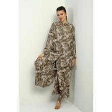 Kadın Yanları Yırtmaçlı Tunik Gömlek Beli Lastikli Cepli Palazzo Pantolon Yaprak Desenli Oversize 2'li Takım