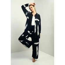 Kadın Yanları Yırtmaçlı Tunik Gömlek Beli Lastikli Cepli Paazzo Pantolon Fırça Desen Oversize 2'li Takım