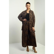 Kadın  Yanları Yırtmaçlı Tunik Gömlek Beli Lastikli Palazzo Pantoln Zigzag Desen Oversize 2'li Takım