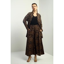 Kadın  Yanları Yırtmaçlı Tunik Gömlek Beli Lastikli Palazzo Pantoln Zigzag Desen Oversize 2'li Takım
