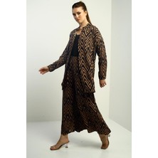 Kadın  Yanları Yırtmaçlı Tunik Gömlek Beli Lastikli Palazzo Pantoln Zigzag Desen Oversize 2'li Takım