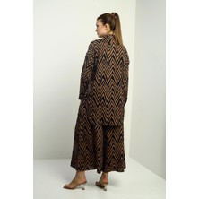 Kadın  Yanları Yırtmaçlı Tunik Gömlek Beli Lastikli Palazzo Pantoln Zigzag Desen Oversize 2'li Takım