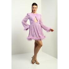 By Saygı Kadın Önü Pencereli Tüy Detaylı Astarlı Pulpayet Kısa Elbise