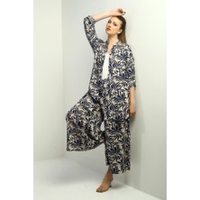 Kadın Yanları Yırtmaçlı Tunik Gömlek Beli Lastikli Cepli Palazzo Pantolon Çiçek Desen Oversize 2'li Takım