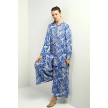 Kadın Yanları Yırtmaçlı Tunik Gömlek Beli Lastikli Cepli Palazzo Pantolon Yaprak Desenli Oversize 2'li Takım