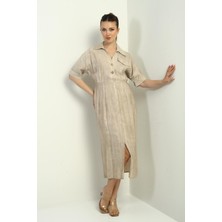 By Saygı Kadın Tek Cepli Yarım Düğmeli Önü Yırtmaçlı Degrade Elbise