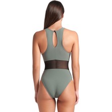 Arena Mesh Panels Swimsuit Vent Back Kadın Gri Yüzücü Mayosu 006658600