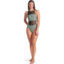 Arena Mesh Panels Swimsuit Vent Back Kadın Gri Yüzücü Mayosu 006658600