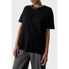 Bsb Metalik ve Bağlama Detaylı Pamuklu Oversize Fit Bisiklet Yaka Bluz Bayan Bluz 053