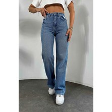 Fibula Butikyüksek Bel Taşlı Geniş Paça Mavi Jean Pantolon