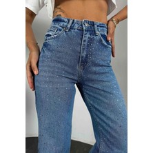 Fibula Butikyüksek Bel Taşlı Geniş Paça Mavi Jean Pantolon