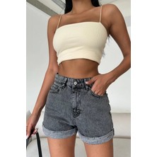 Fibula Butik Yüksek Bel Duple Paça Likralı Pamuk Kot Sort