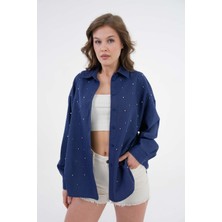 Kadın Lacivert Inci Taş Detaylı Kot Gömlek 29069