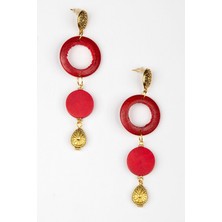 Lila Rosa  Etnik Otantik Ahşap Kırmızı Küpe