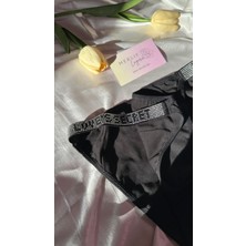 Merlif Lingerie Siyah Love Secret Yapay Kristal Taş Detaylı Siyah Kadın Pamuklu Külot Iç Çamaşırı Iç Giyim
