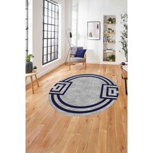 Napoli Home Çerçeveli Geometrik Desenli Yıkanabilir Kaymaz Yuvarlak Salon Halısı, Çerçeveli-Y-65-Lacivert,
