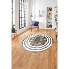Napoli Home Çerçeveli Sade Çizgi Desenli Yıkanabilir Kaymaz Yuvarlak Salon Halısı, Çerçeveli-Y-53-Kahve,