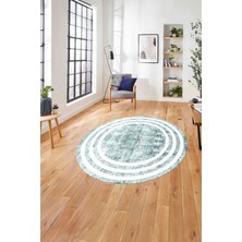 Napoli Home Çerçeveli Sade Çizgi Desenli Yıkanabilir Kaymaz Yuvarlak Salon Halısı, Çerçeveli-Y-53-Turkuaz,