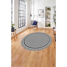 Napoli Home Çerçeveli Çizgi Detaylı Baskılı Yıkanabilir Kaymaz Yuvarlak Salon Halısı, Çerçeveli-Y-79-Gri,