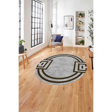 Napoli Home Çerçeveli Geometrik Desenli Yıkanabilir Kaymaz Yuvarlak Salon Halısı, Çerçeveli-Y-65-Kahve,