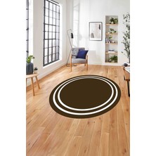 Napoli Home Çerçeveli Geçişli Çizgi Detaylı Yıkanabilir Kaymaz Yuvarlak Salon Halısı, Çerçeveli-Y-54-Kahve,