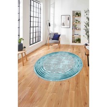 Napoli Home Çerçeveli Çizgi Detaylı Baskılı Yıkanabilir Kaymaz Yuvarlak Salon Halısı,çerçeveli-Y-87-Turkuaz,