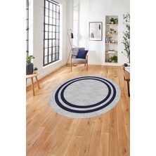 Napoli Home Çerçeveli Kenar Çizgi Desenli Yıkanabilir Kaymaz Yuvarlak Salon Halısı, Çerçeveli-Y-56-Lacivert,