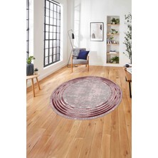 Napoli Home Çerçeveli Çizgi Detaylı Baskılı Yıkanabilir Kaymaz Yuvarlak Salon Halısı, Çerçeveli-Y-87-Bordo,