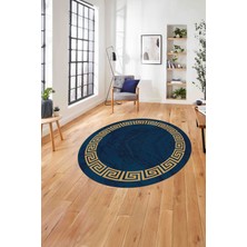 Napoli Home Çerçeveli Vektörel Çizgili Yıkanabilir Kaymaz Yuvarlak Salon Halısı, Çerçeveli-Y-94-Mavi,