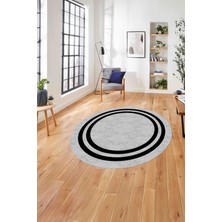 Napoli Home Çerçeveli Kenar Çizgi Desenli Yıkanabilir Kaymaz Yuvarlak Salon Halısı, Çerçeveli-Y-56-Siyah,