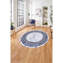 Napoli Home Çerçeveli Çizgi Detaylı Yıkanabilir Kaymaz Yuvarlak Salon Halısı, Çerçeveli-Y-57-Lacivert,