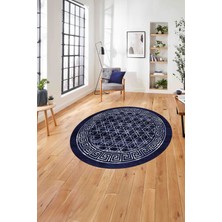 Napoli Home Çerçeveli Dörtgen Detaylı Yıkanabilir Kaymaz Yuvarlak Salon Halısı, Çerçeveli-Y-97-Lacivert,