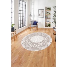 Napoli Home Çerçeveli Desen Motifli Yıkanabilir Kaymaz Yuvarlak Salon Halısı, Çerçeveli-Y-86-Bej,
