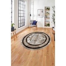 Napoli Home Çerçeveli Çiçek Motifli Yıkanabilir Kaymaz Yuvarlak Salon Halısı, ÇERÇEVELİ-Y-122-KAHVE,