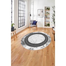 Napoli Home Çerçeveli Modern Klasik Baskılı Yıkanabilir Kaymaz Yuvarlak Salon Halısı, ÇERÇEVELİ-Y-109-GRİ,