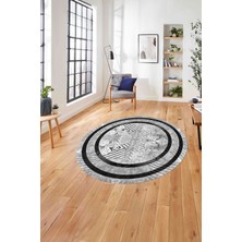 Napoli Home Çerçeveli Çiçek Motifli Yıkanabilir Kaymaz Yuvarlak Salon Halısı, ÇERÇEVELİ-Y-122-GRİ,