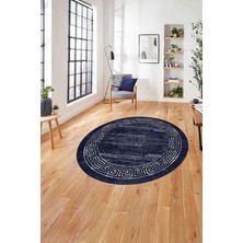 Napoli Home Çerçeveli Klasik Modern Yıkanabilir Kaymaz Yuvarlak Salon Halısı, Çerçeveli-Y-96-Lacivert,