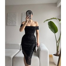 Degaje  Yaka Midi Boy Astarlı Payetli Yırtmaç ve Drape Detaylı Elbise