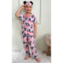 Pjkö Stitch Desenli Pembe Kısa Kollu Önden Düğmeli Kız Çocuk Pijama Takımı 4-12 Yaş 719K