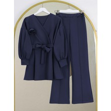 Mac Moda Beli Kuşaklı Çapraz Yaka Balon Kol Takım Duble Kumaş