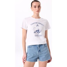 Fabrika Bisiklet Yaka Baskılı Beyaz Kadın T-Shirt F5SL-TST0444