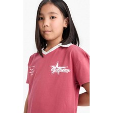 DeFacto %100 Pamuk Boxy Fit Polo Yaka Bordo Baskılı Kısa Kollu Tişört Kız Çocuk E1034A825SM