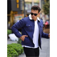 Fermuarlı Süet Kürklü Lacivert Erkek Ceket